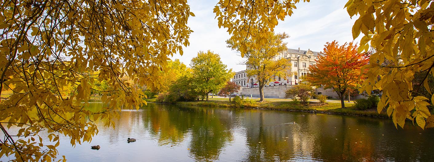 Fall view of Lake LaVerne and the Memorial Union.