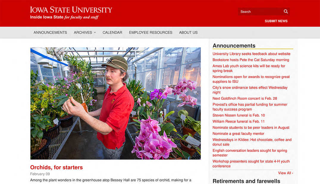 Screen capture of an Inside Iowa State homepage.