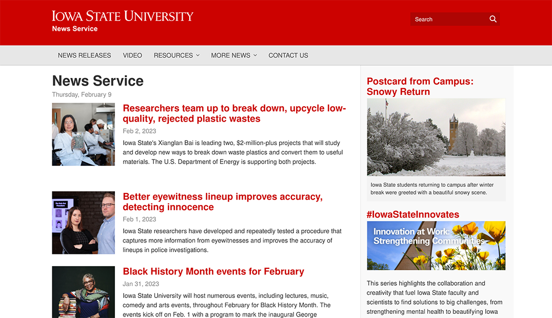 Screen capture of the News Service homepage.