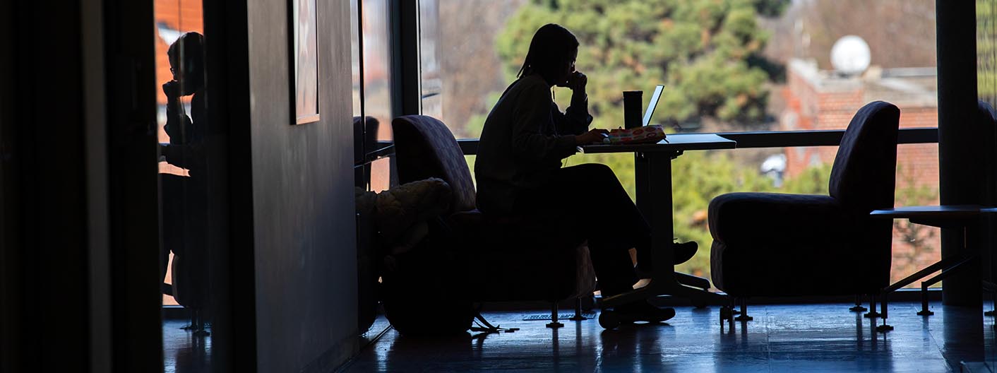 Silhouette of a student studying near a window.